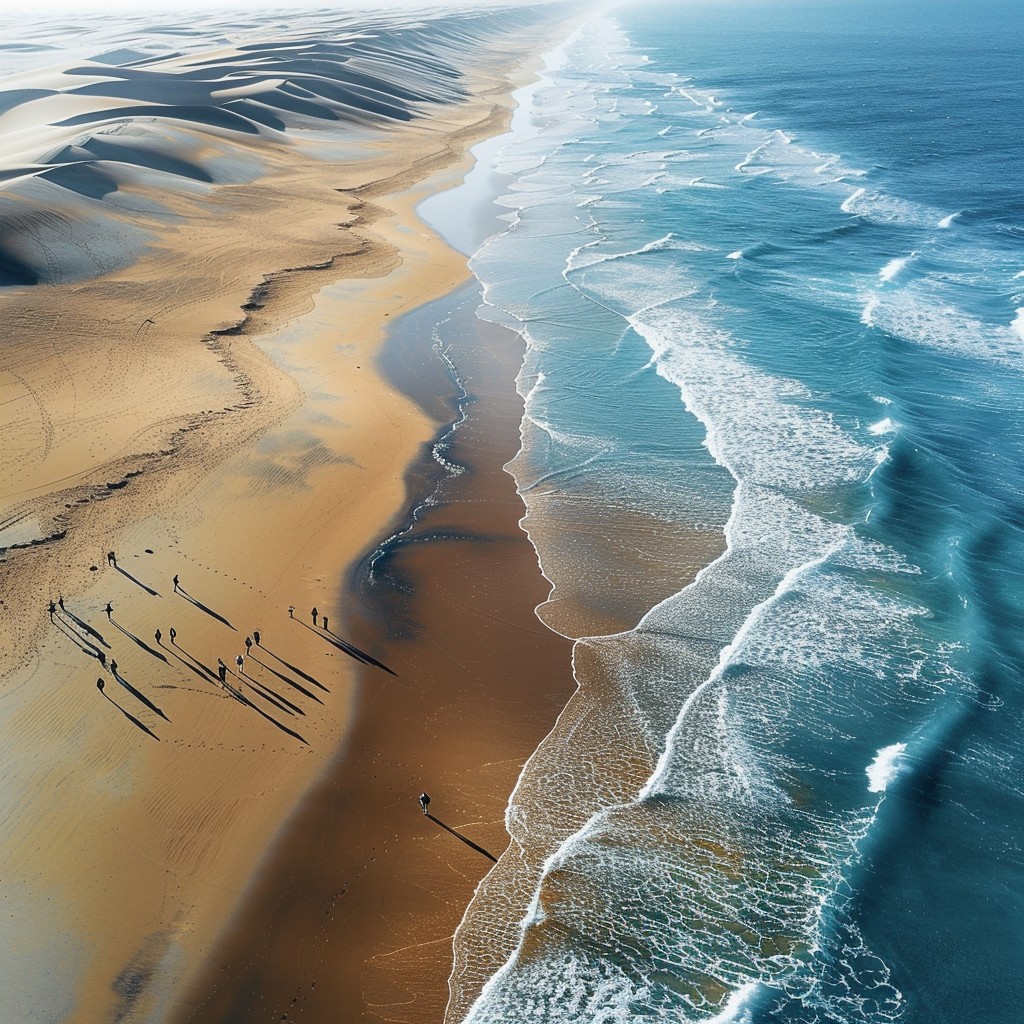 Aerial view of coastal dunes with shoreline and surf