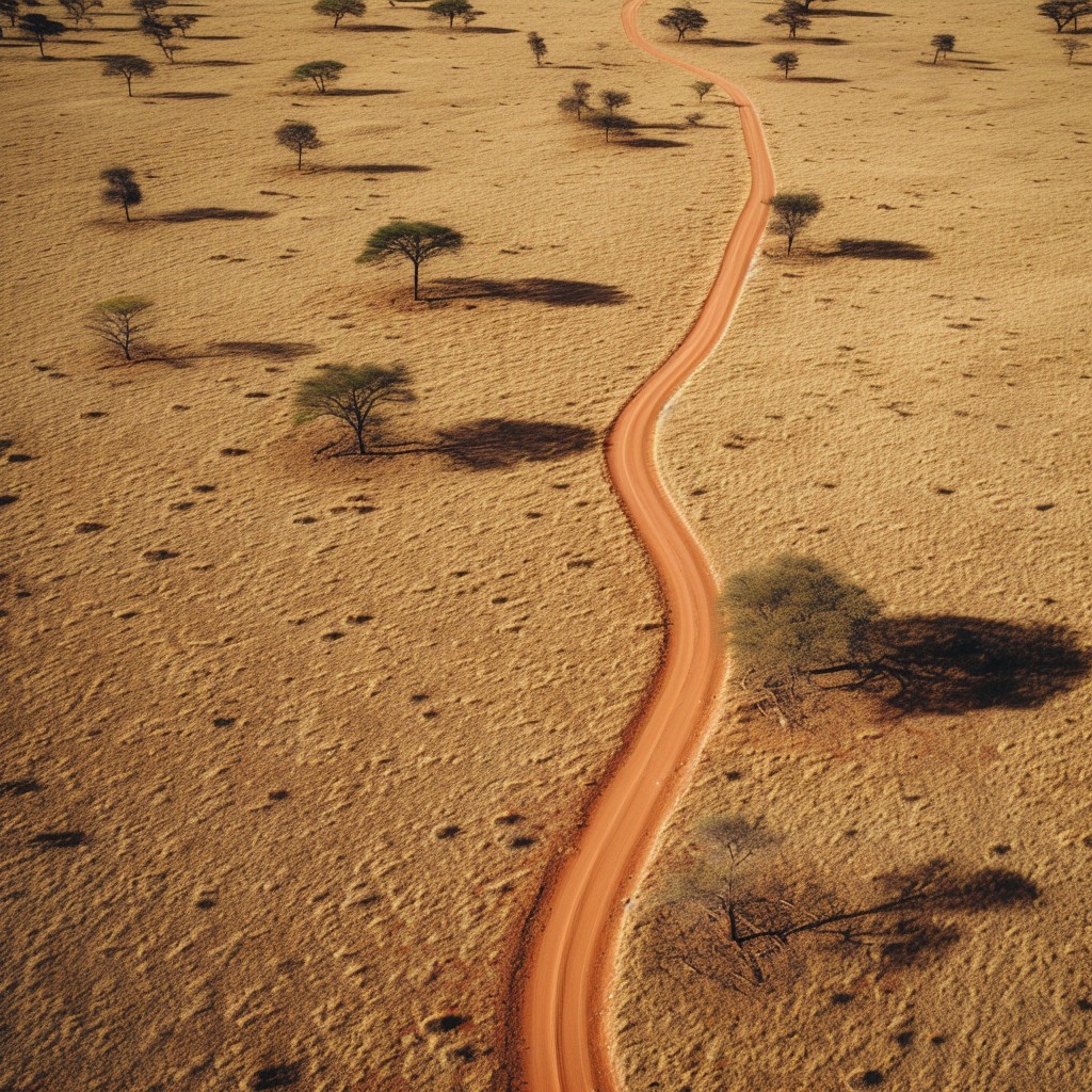 Aerial view of a winding desert road through sparse savanna